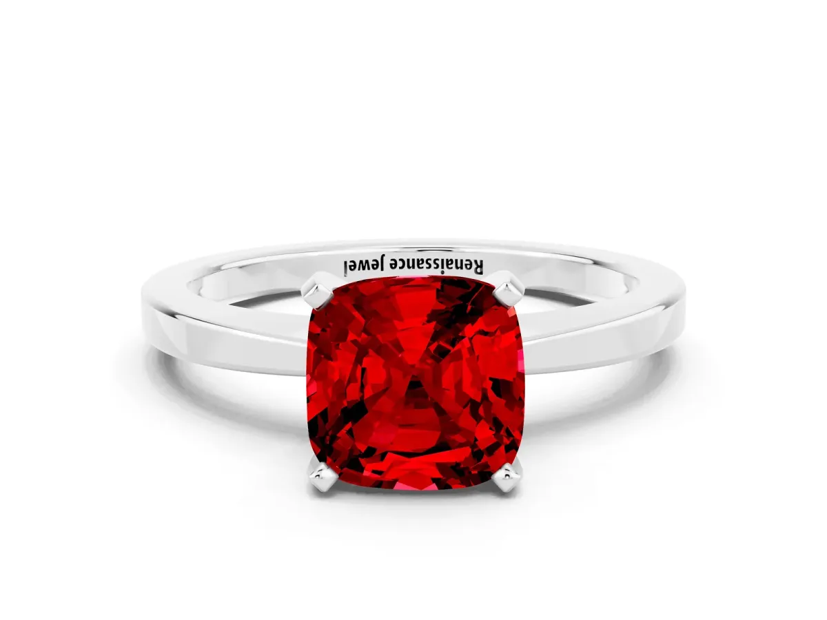 Cushion Cut Ruby Solitaire Engagement Ring with Classic Band and Four-Prong Setting Silver