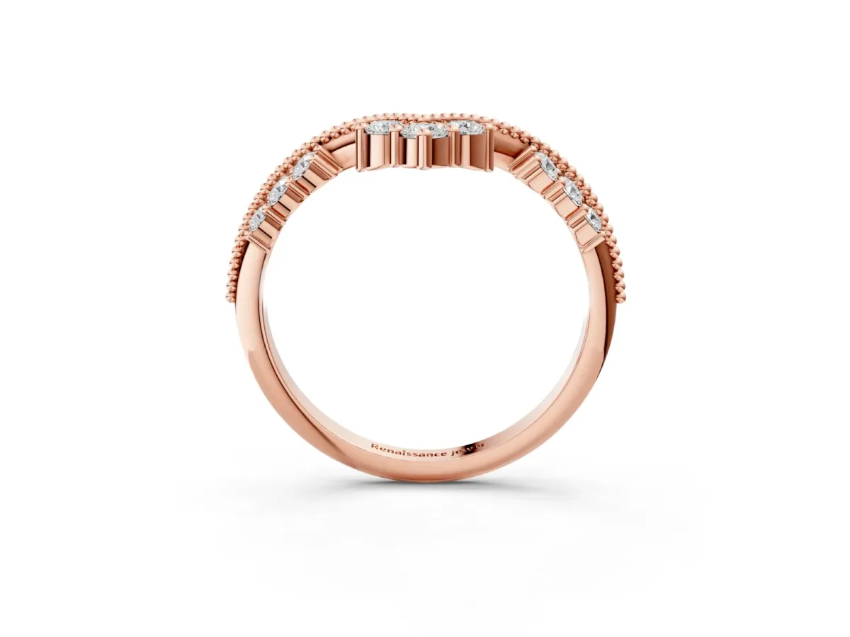 Diamond Chevron Milgrain Band with Round Cut Stones and Prong Setting Rose gold