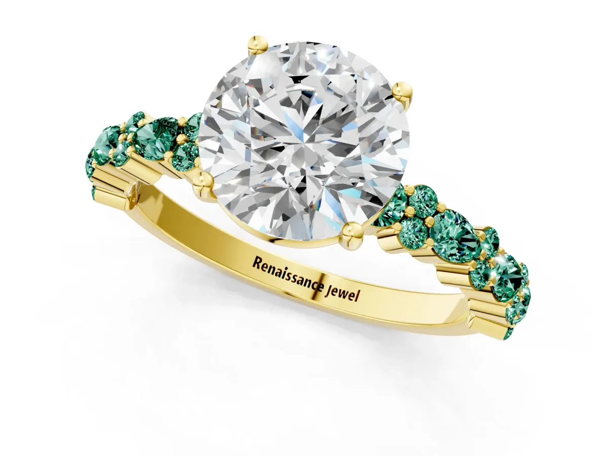 Round Cut Diamond Side Stone Solitaire Ring with Round Green Sapphire and Four-Prong Setting Yellow gold