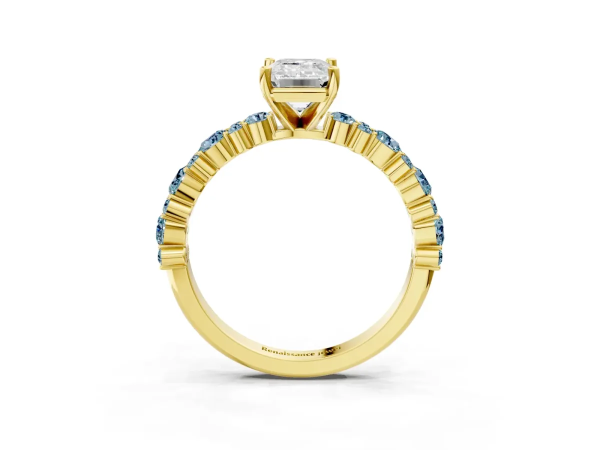 Emerald Cut Diamond Side Stone Solitaire Ring with Round Aquamarine and Four-Prong Setting Yellow gold