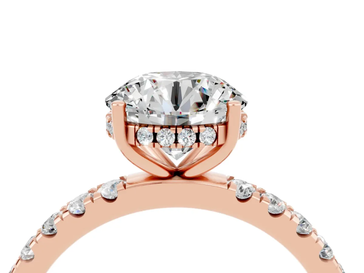 Round Cut Moissanite Pave Band Solitaire Ring with Round and Prong Setting Rose gold