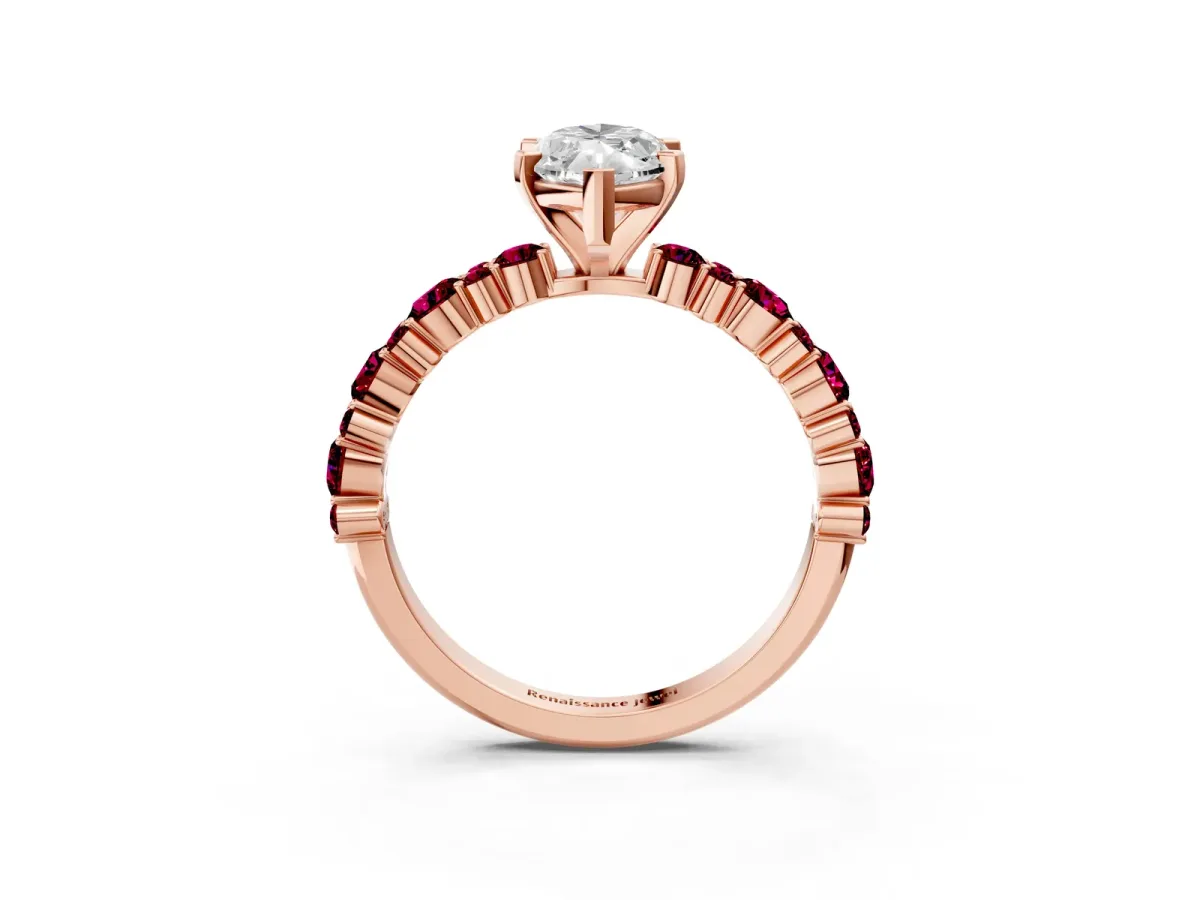 Marquise Cut Diamond Side Stone Solitaire Ring with Round Garnet and Four-Prong Setting Rose gold