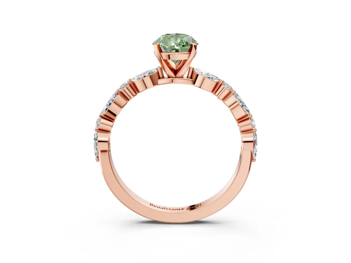 Fancy Green Pear Cut Diamond Ring with Marquise and Round Side Stones and Four-Prong Setting Rose gold