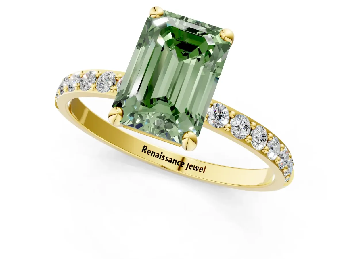 Fancy Green Emerald Cut Diamond Solitaire Ring with Round Pavé Band and Prong Setting Yellow gold