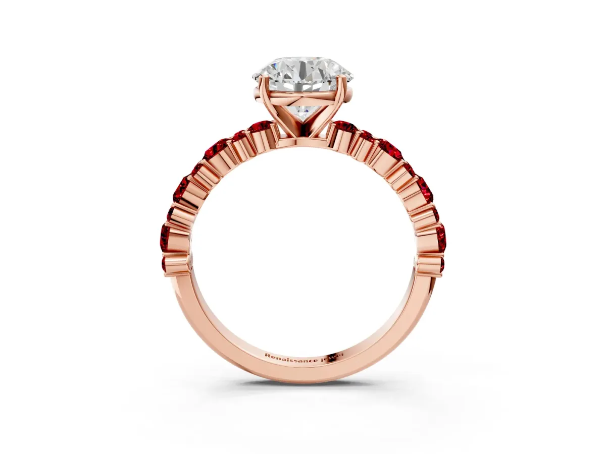 Round Cut Diamond Side Stone Solitaire Ring with Round Ruby and Four-Prong Setting Rose gold