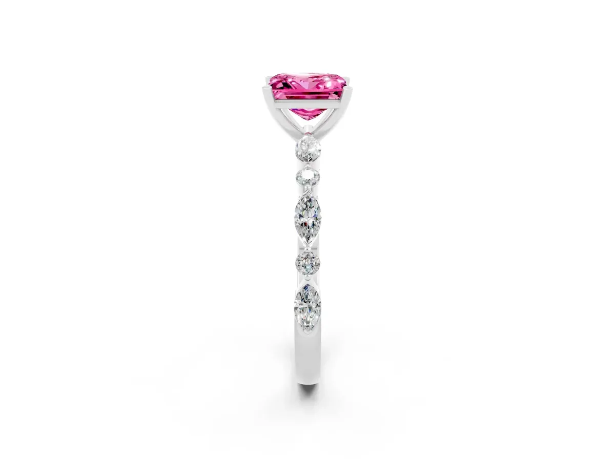 Princess Cut Pink Sapphire Ring with Marquise and Round Side Stones and Four-Prong Setting Platinum
