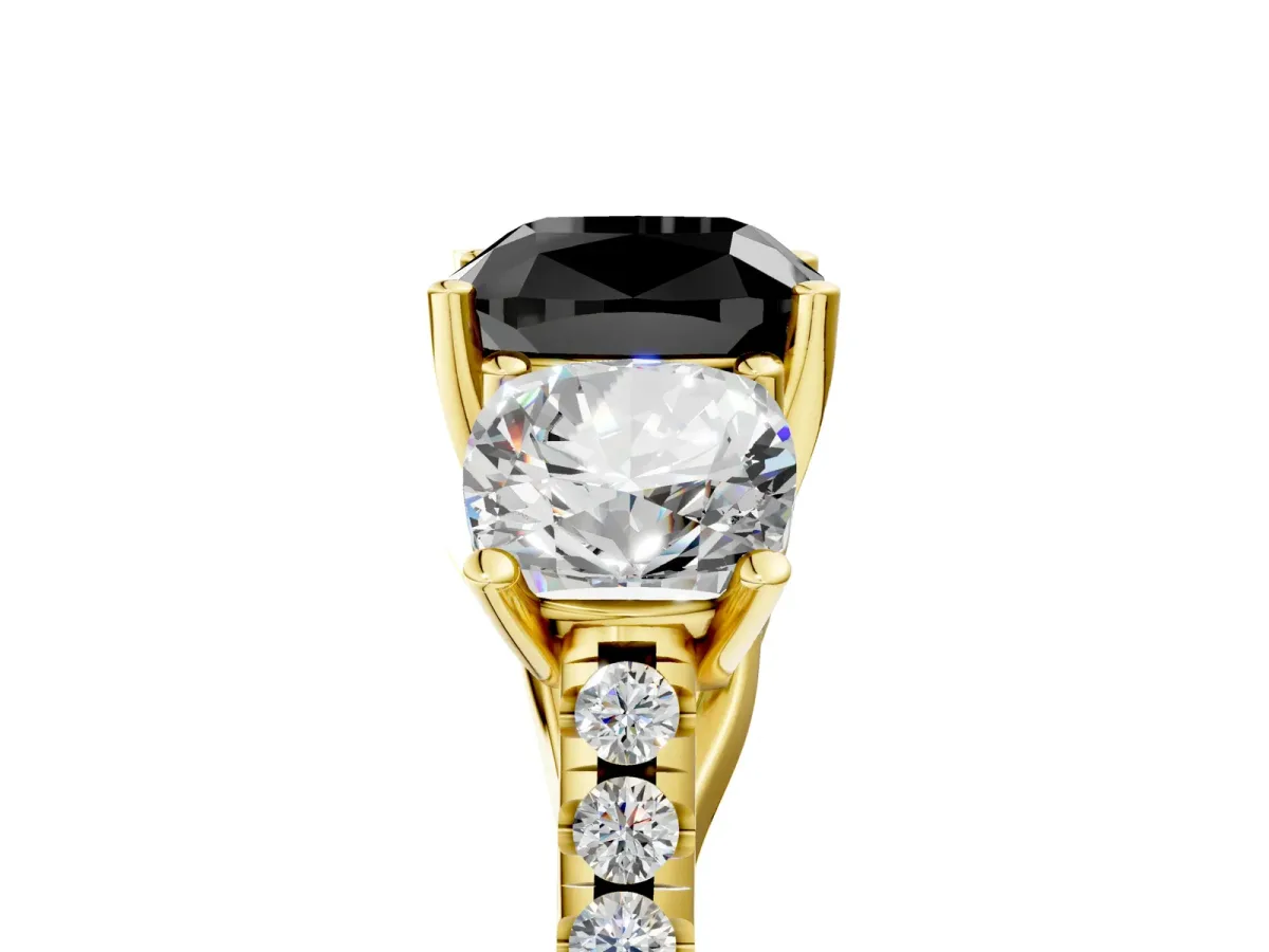 Fancy Black Three-Stone Cushion Cut Diamond Ring with Round Pavé Band and Prong Setting Yellow gold