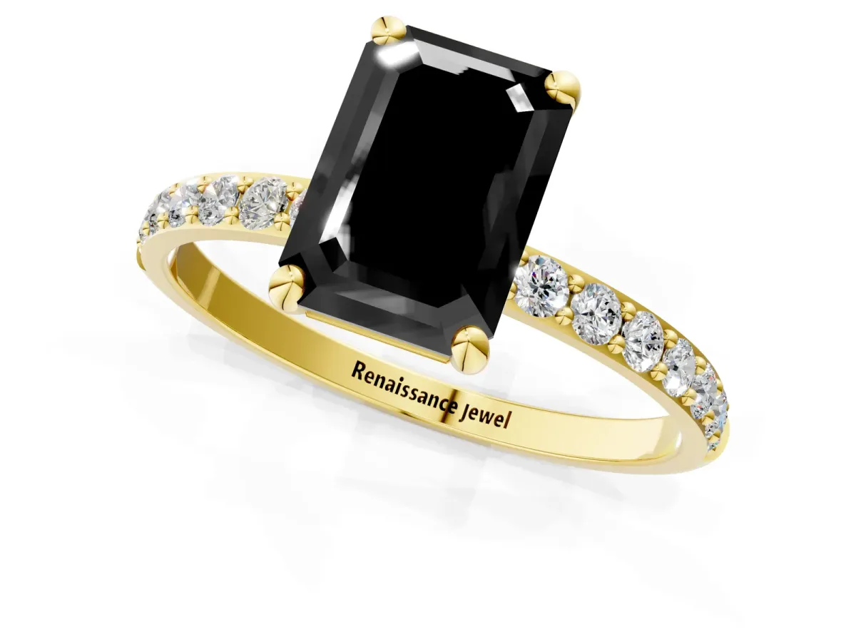 Fancy Black Emerald Cut Diamond Solitaire Ring with Round Pavé Band and Prong Setting Yellow gold