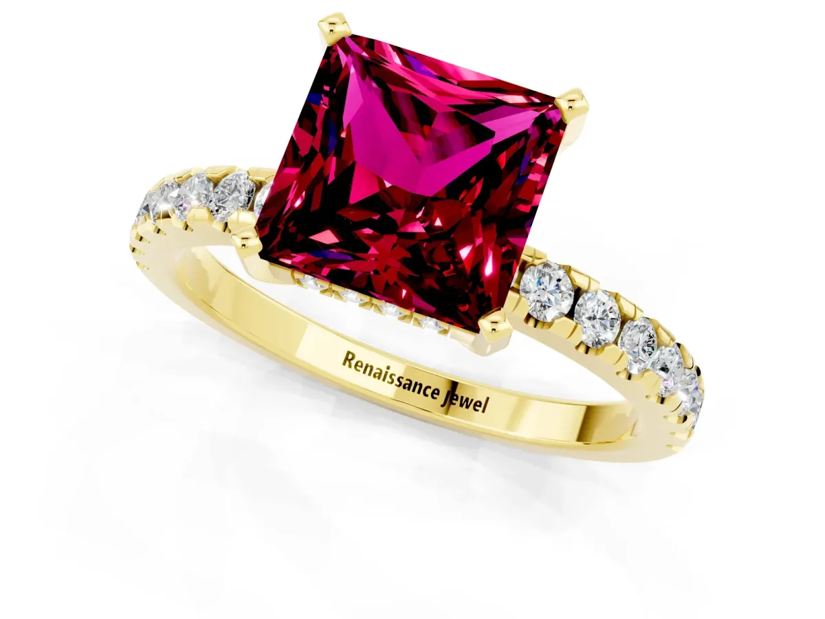 Princess Cut Garnet Solitaire Ring with Round Pavé Band and Four-Prong Setting Yellow gold