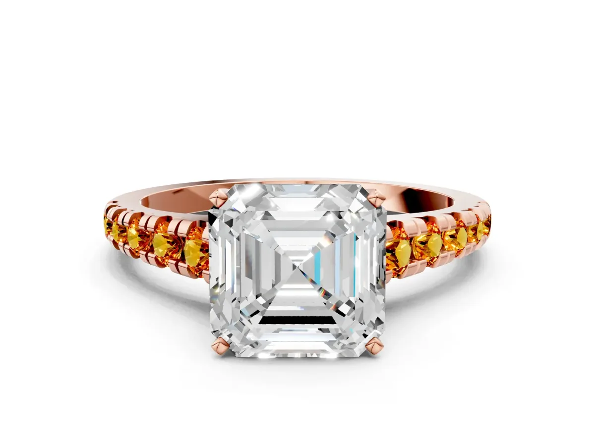 Asscher Cut Diamond Cathedral Solitaire Ring with Round Citrine Pavé Band Rose gold