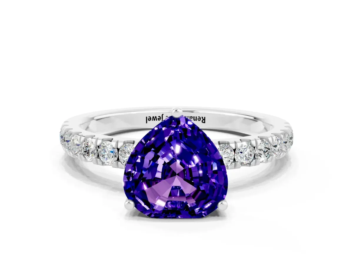 Heart Cut Tanzanite Pave Band Solitaire Ring with Round and Prong Setting Silver