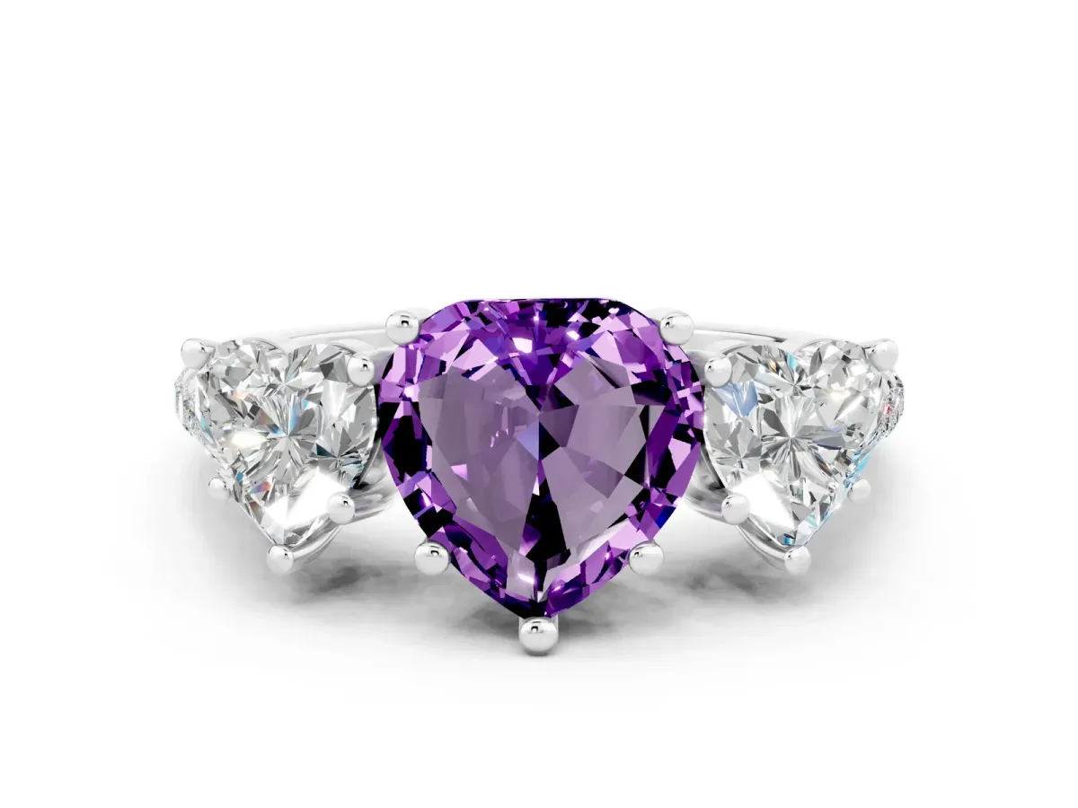Three-Stone Heart Cut Amethyst Ring with Round Pavé Band and Prong Setting Platinum