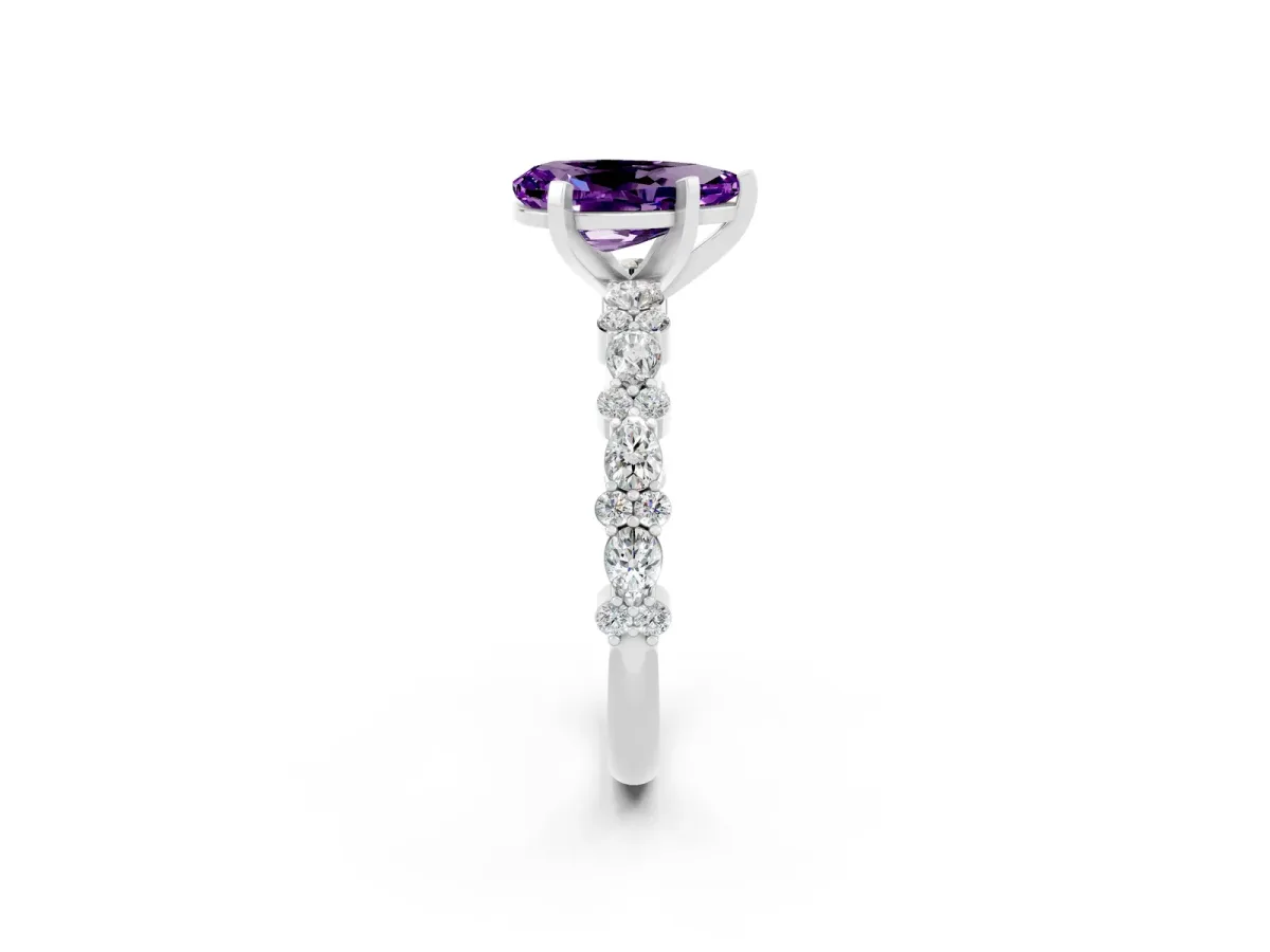 Pear Cut Amethyst Side Stone Solitaire Ring with Round and Four-Prong Setting Silver