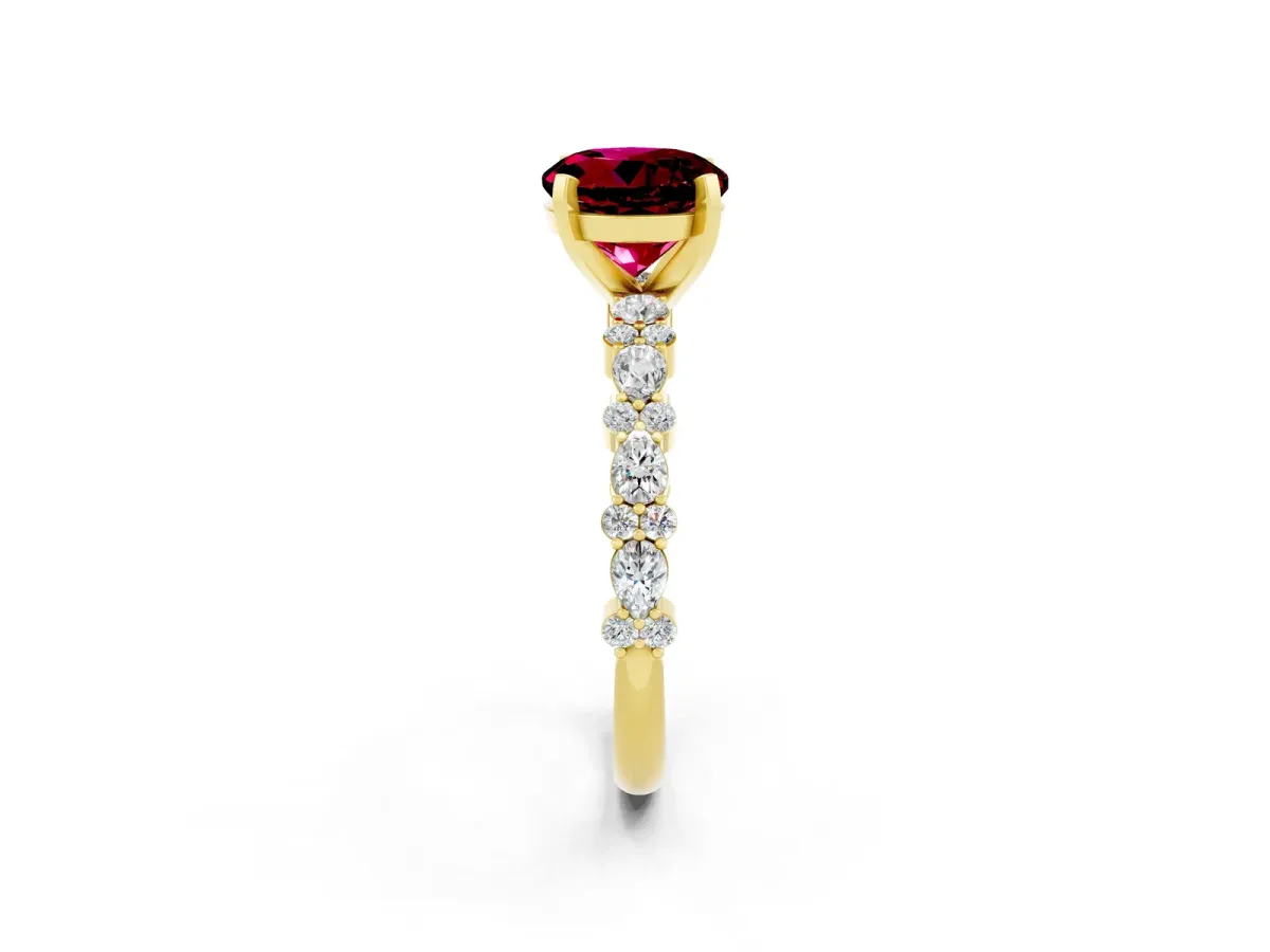 Round Cut Garnet Side Stone Solitaire Ring with Round and Four-Prong Setting Yellow gold