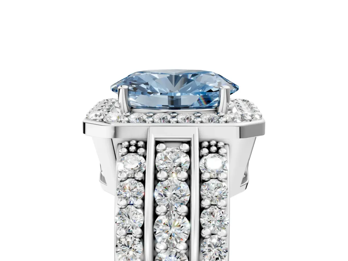 Fancy Blue Oval Cut Halo Diamond Ring with Round Split Shank and Prong Setting White gold