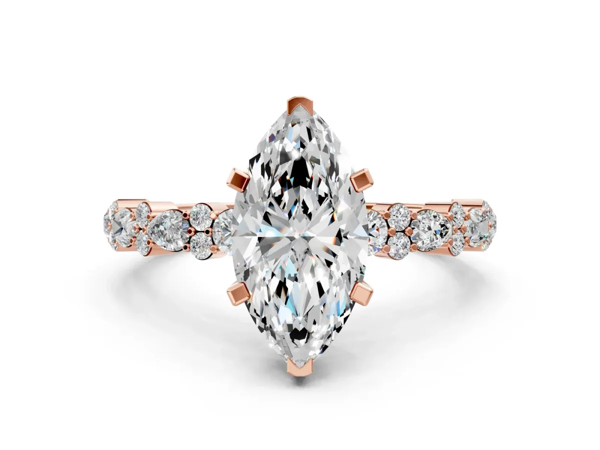 Marquise Cut Diamond Side Stone Solitaire Ring with Round Moissanite and Four-Prong Setting Rose gold