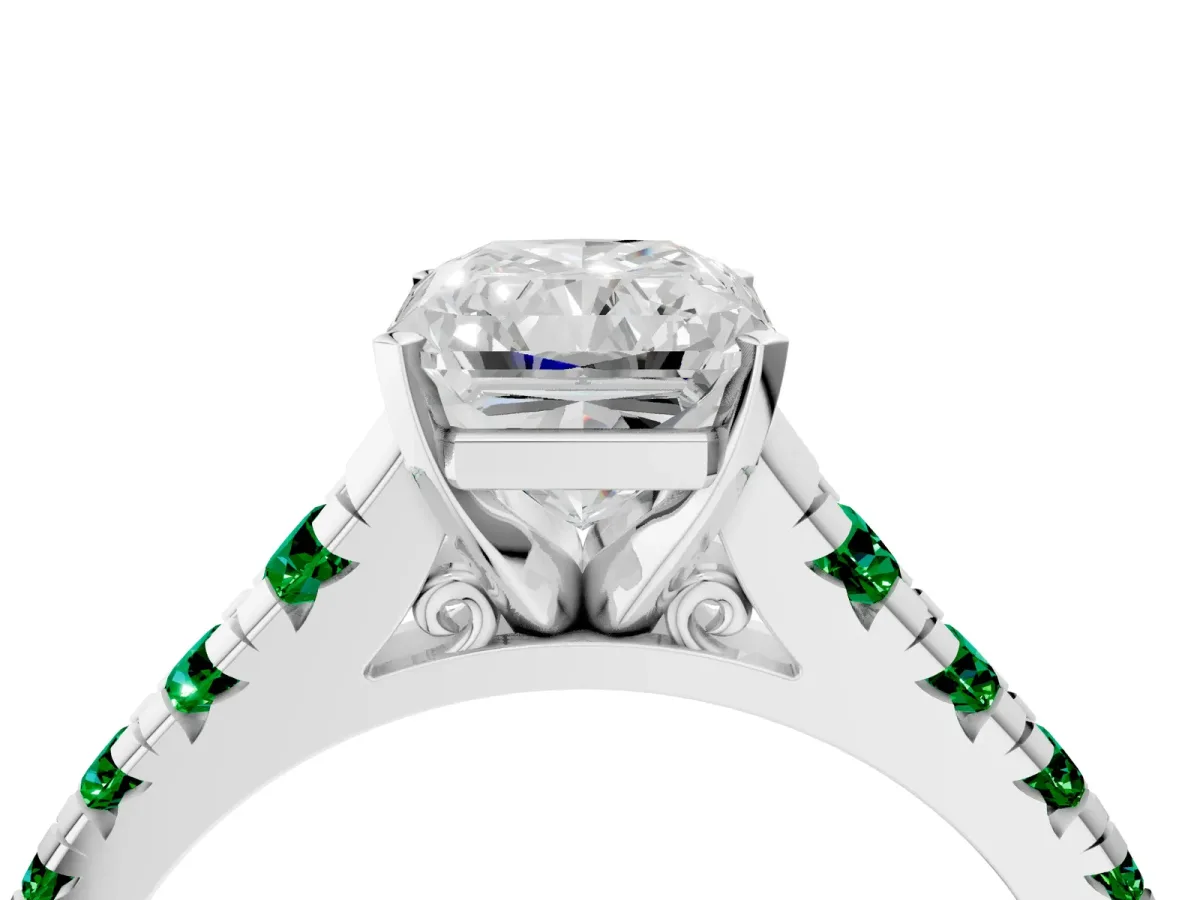 Radiant Cut Diamond Cathedral Solitaire Ring with Round Emerald Pavé Band Silver