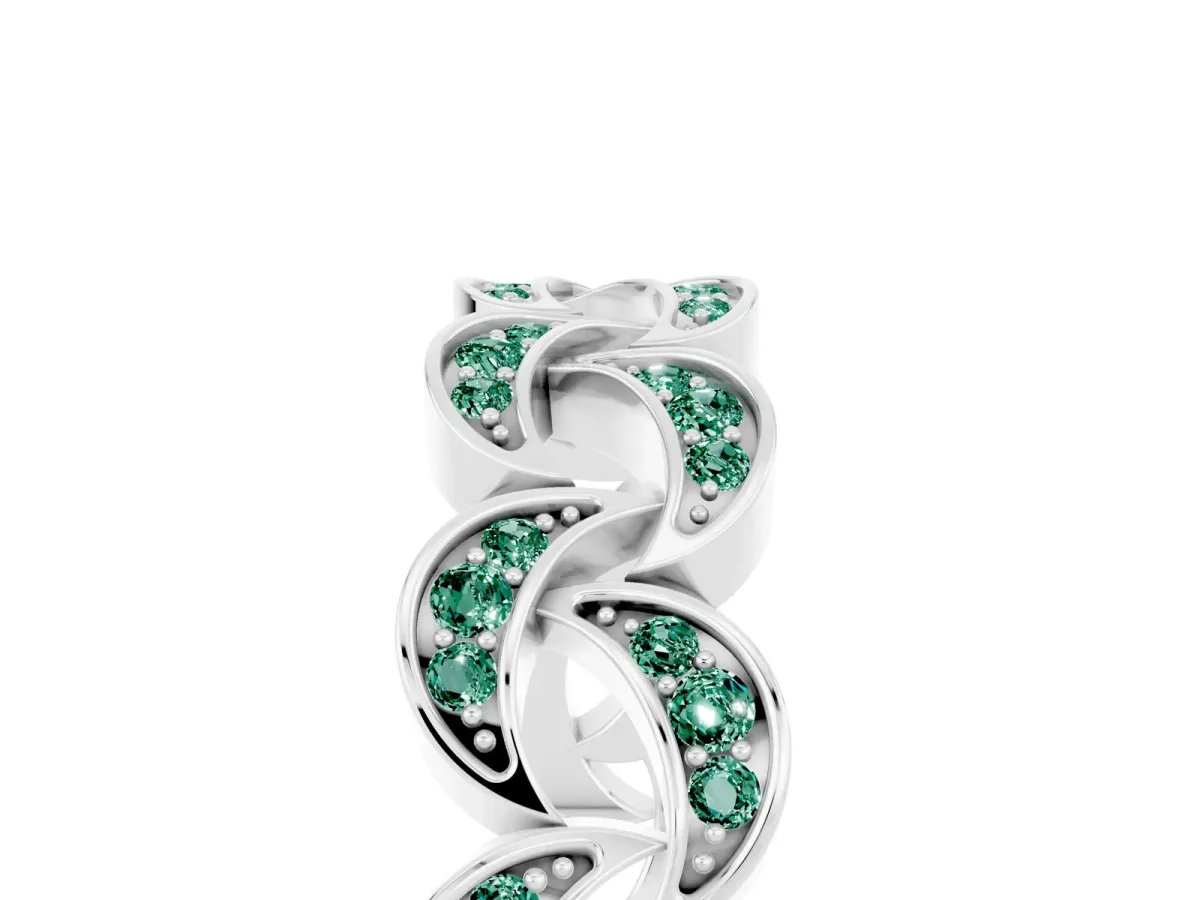 Pavé Round Green Sapphire Interlocking Eternity Band with Bezel Prong Setting Platinum