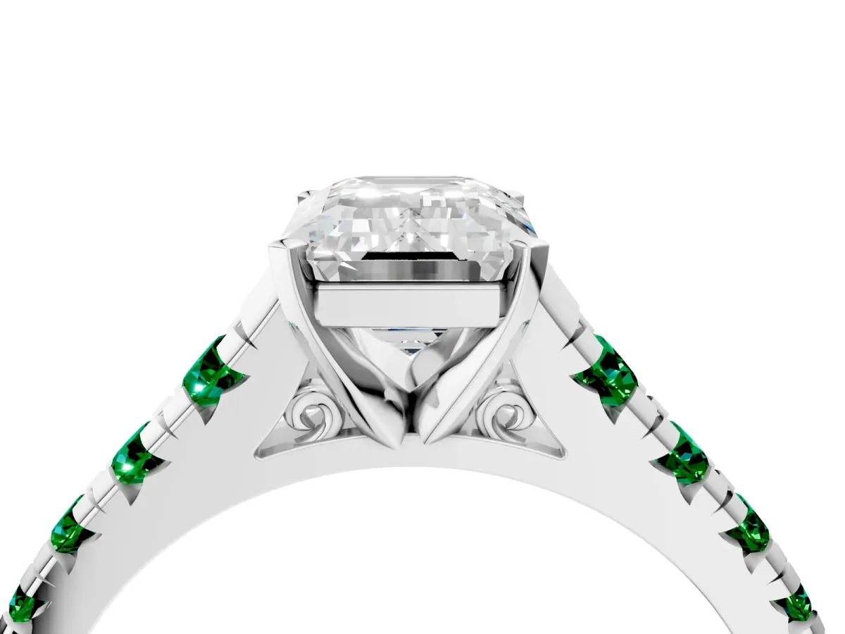 Emerald Cut Diamond Cathedral Solitaire Ring with Round Emerald Pavé Band White gold