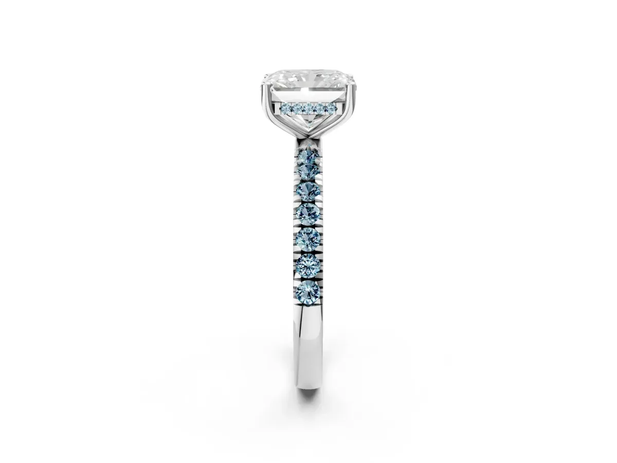 Radiant Cut Diamond Pave Band Solitaire Ring with Round Aquamarine and Prong Setting Silver