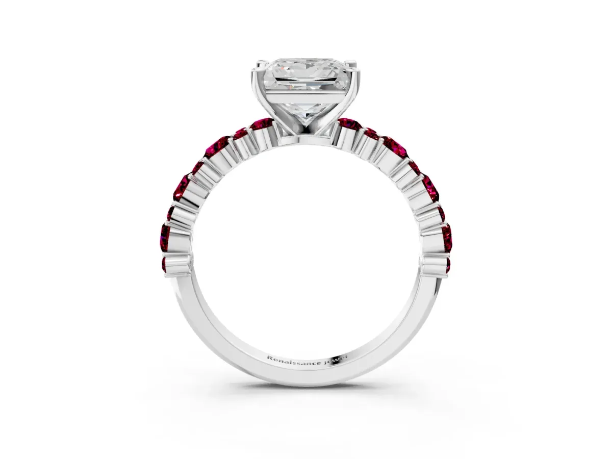 Princess Cut Diamond Side Stone Solitaire Ring with Round Garnet and Four-Prong Setting Platinum