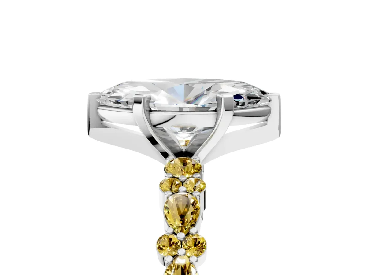Marquise Cut Diamond Side Stone Solitaire Ring with Round Yellow Sapphire and Four-Prong Setting Platinum
