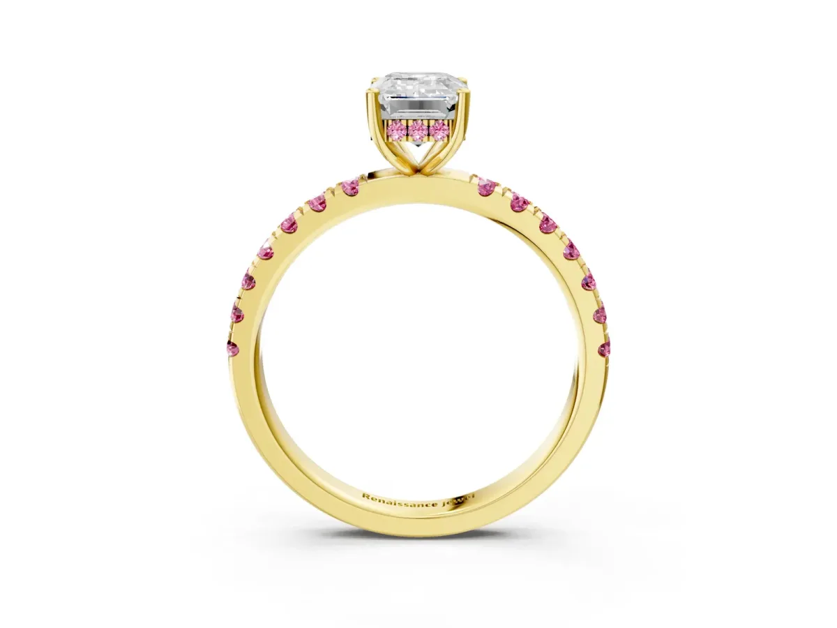 Emerald Cut Diamond Pave Band Solitaire Ring with Round Pink Sapphire and Prong Setting Yellow gold