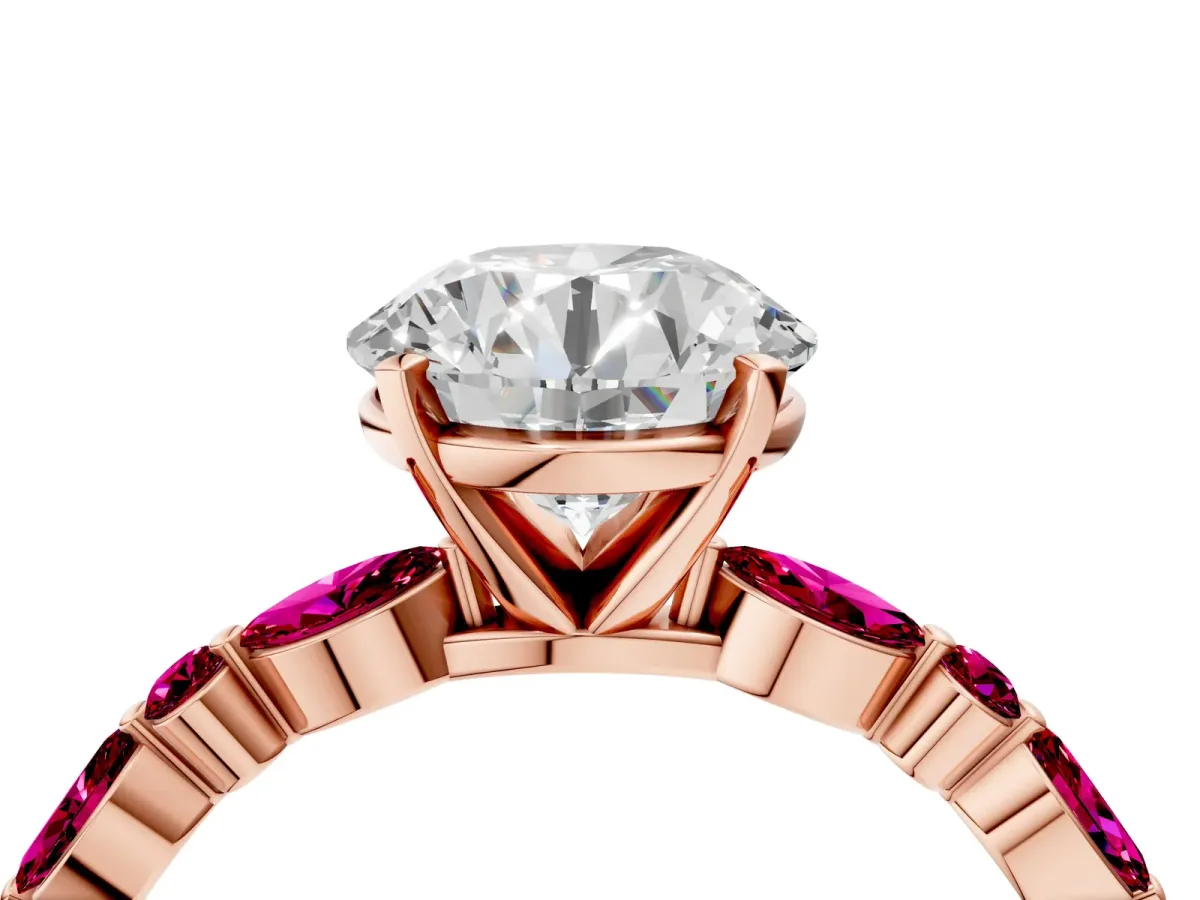 Round Cut Diamond Ring with Marquise and Round Garnet Side Stones and Four-Prong Setting Rose gold