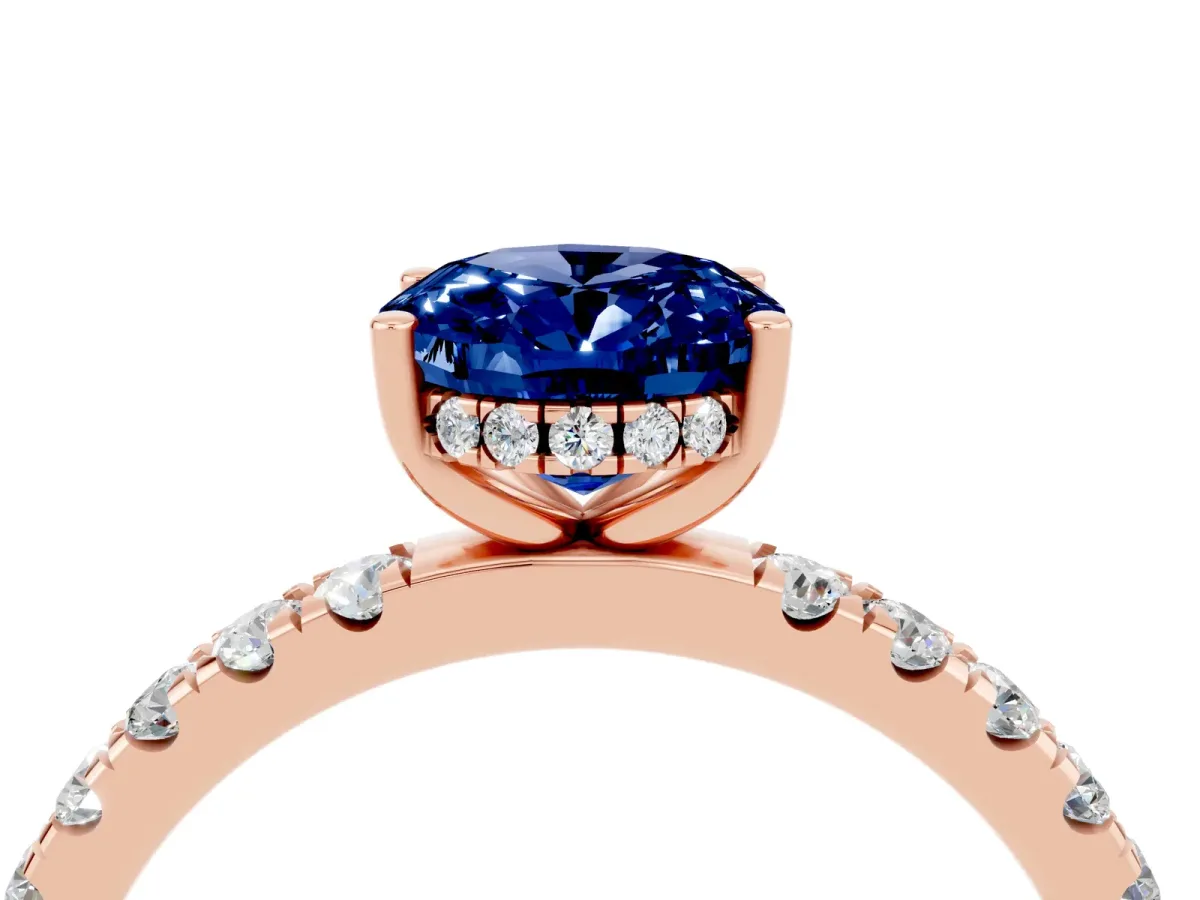 Oval Cut Blue Sapphire Pave Band Solitaire Ring with Round and Prong Setting Rose gold