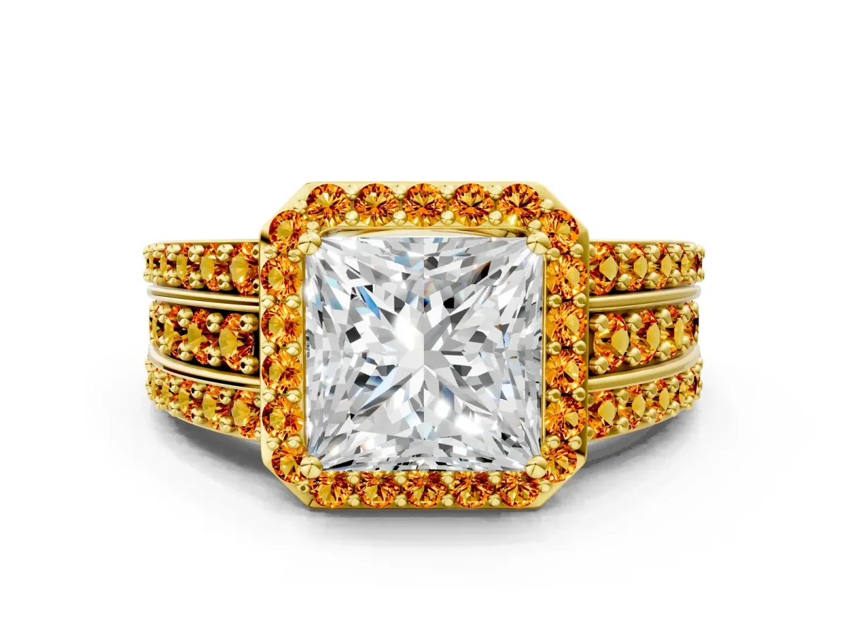 Princess Cut Halo Diamond Ring with Round Citrine Split Shank and Prong Setting Yellow gold