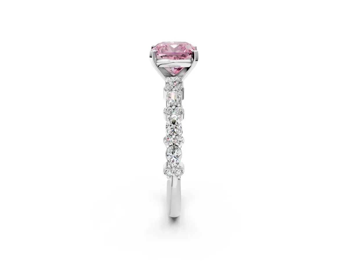 Fancy Pink Cushion Cut Diamond Side Stone Solitaire Ring with Round and Four-Prong Setting Platinum