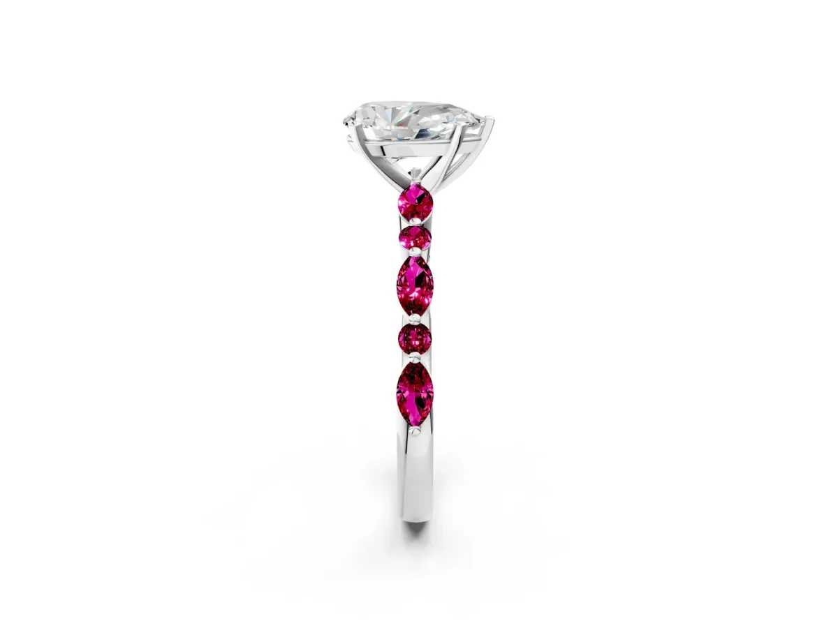 Pear Cut Diamond Ring with Marquise and Round Garnet Side Stones and Four-Prong Setting Silver