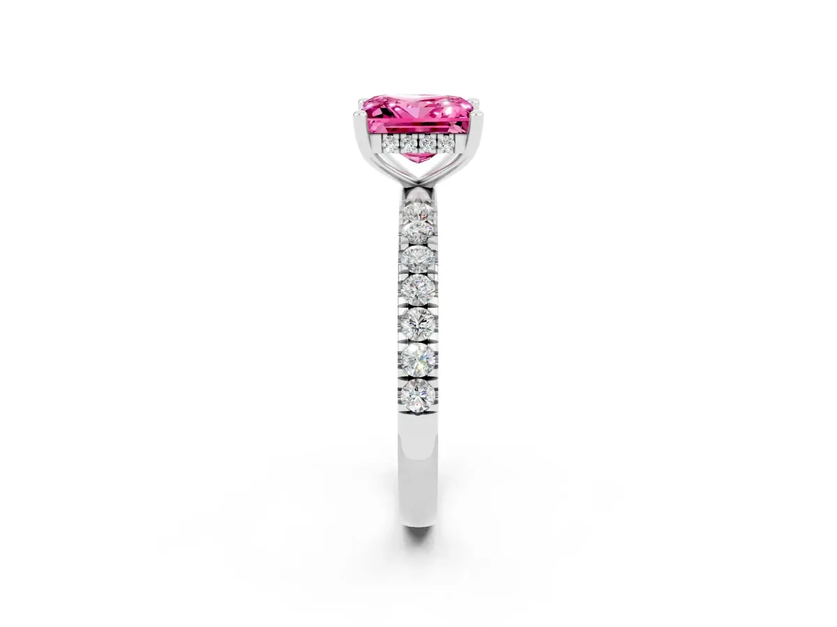 Princess Cut Pink Sapphire Pave Band Solitaire Ring with Round and Prong Setting Platinum