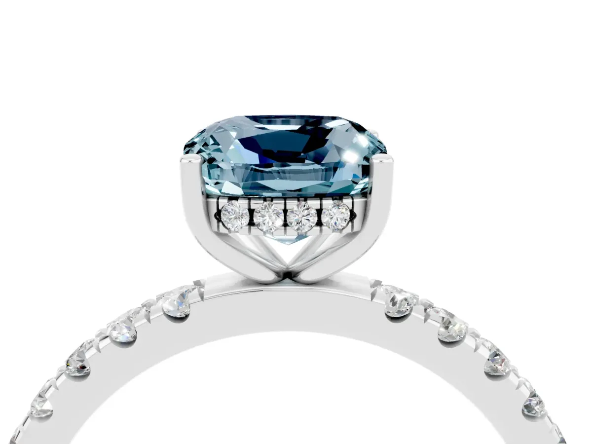 Cushion Cut Aquamarine Pave Band Solitaire Ring with Round and Prong Setting Platinum