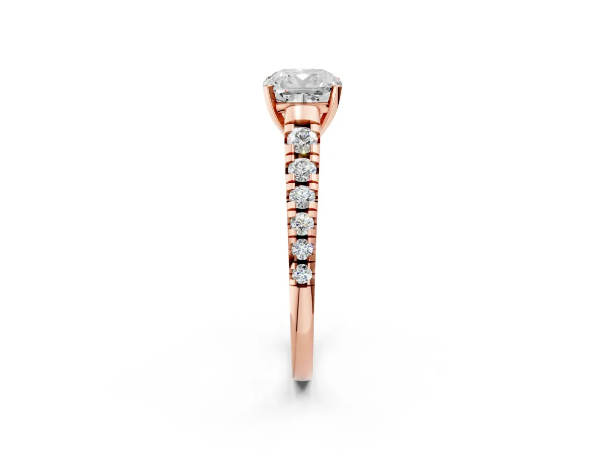 Cushion Cut Diamond Cathedral Solitaire Ring with Round Pavé Band Rose gold
