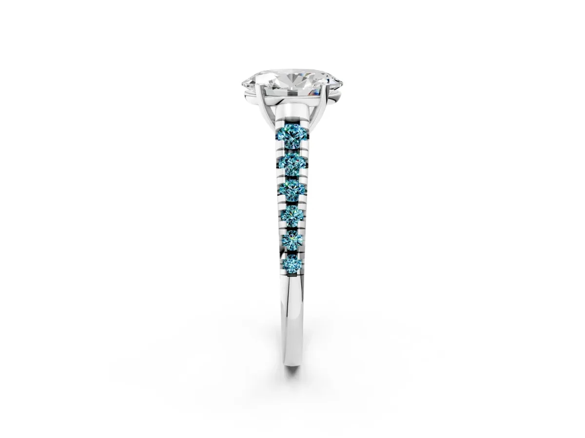 Oval Cut Diamond Cathedral Solitaire Ring with Round Blue Topaz Pavé Band Silver