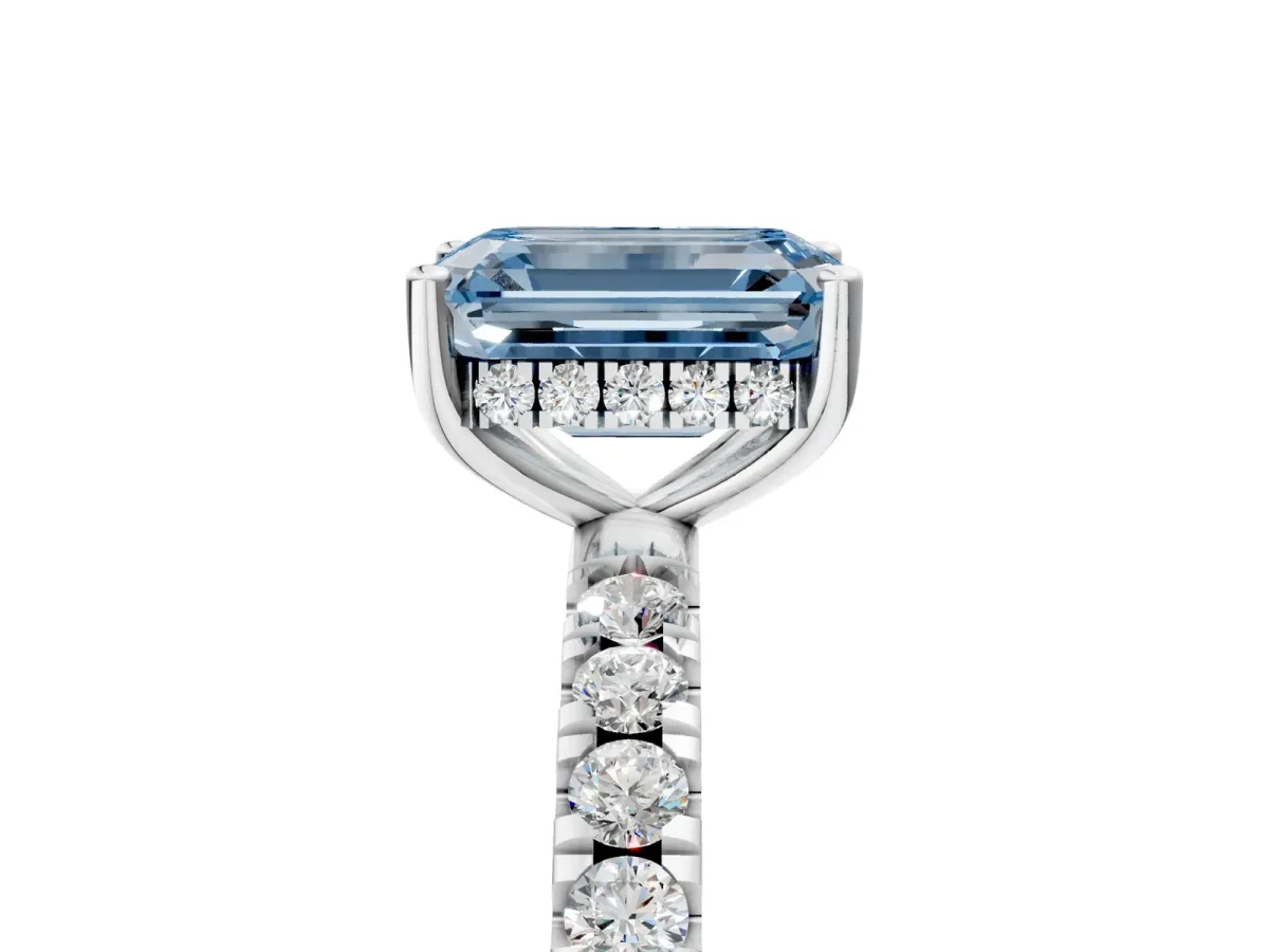 Fancy Blue Emerald Cut Diamond Pave Band Solitaire Ring with Round and Prong Setting Silver