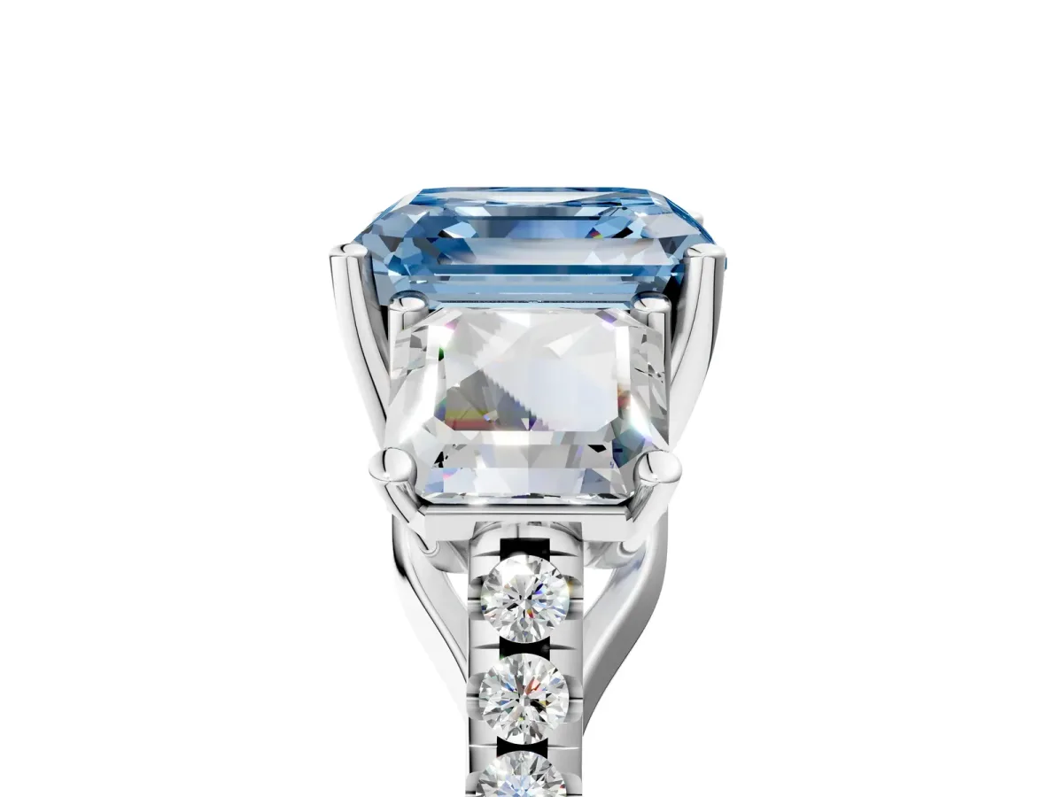 Fancy Blue Three-Stone Asscher Cut Diamond Ring with Round Pavé Band and Prong Setting White gold