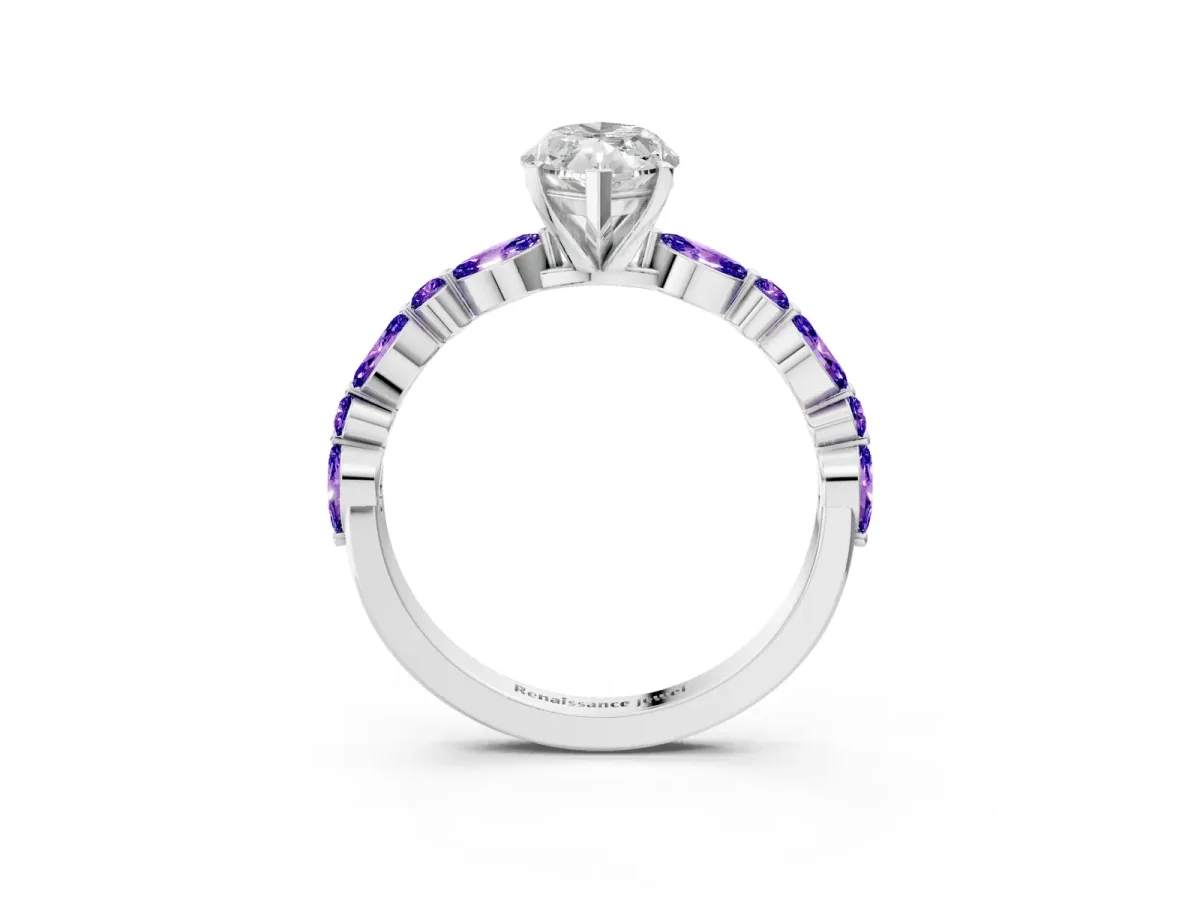 Marquise Cut Diamond Ring with Marquise and Round Tanzanite Side Stones and Four-Prong Setting Platinum