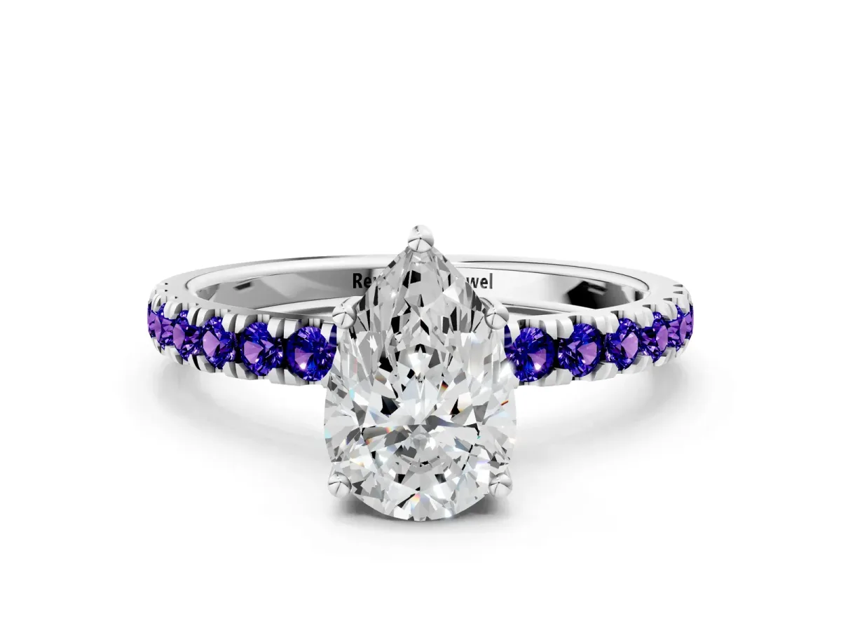 Pear Cut Diamond Pave Band Solitaire Ring with Round Tanzanite and Prong Setting White gold