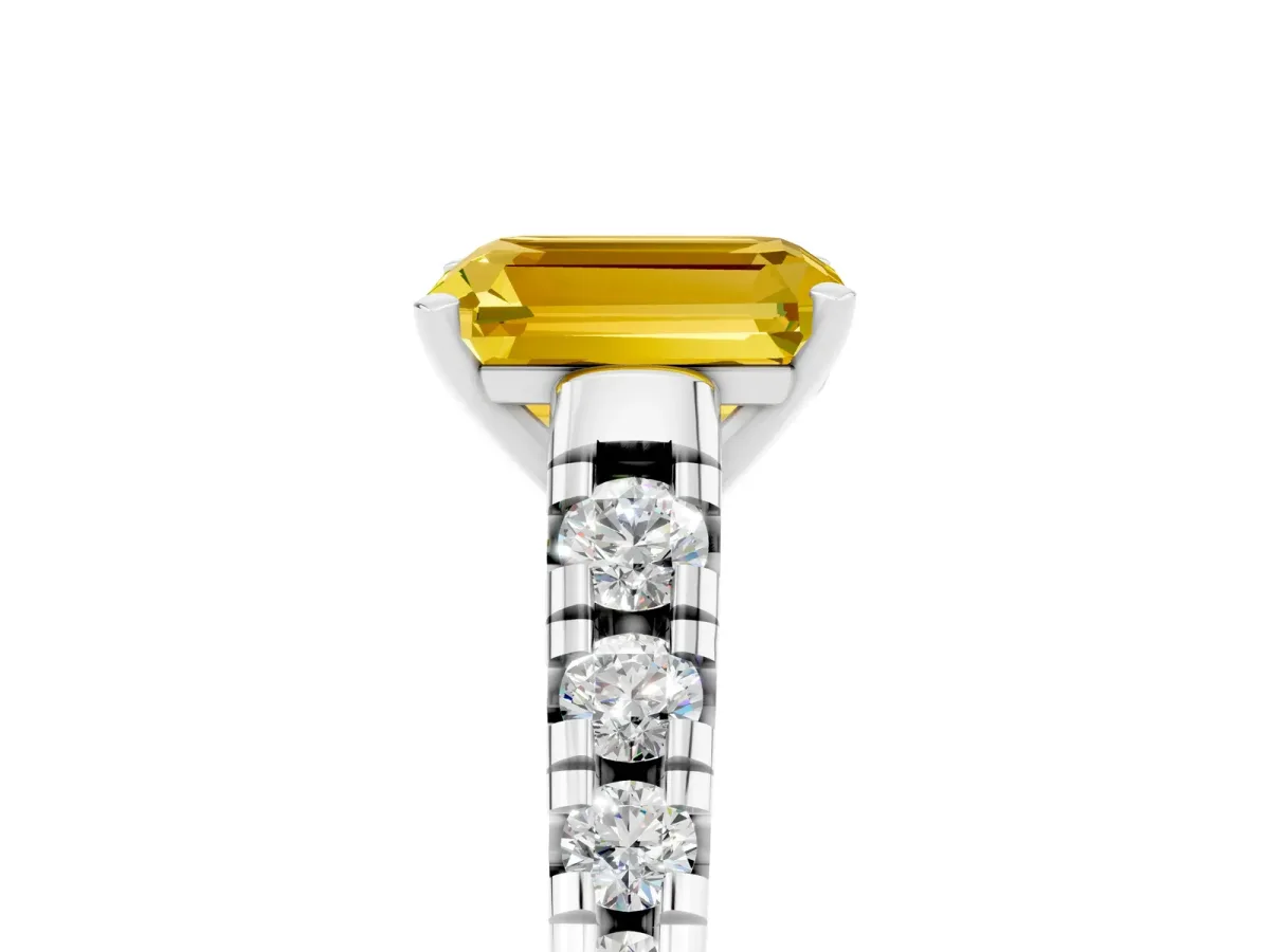 Emerald Cut Yellow Sapphire Cathedral Solitaire Ring with Round Pavé Band White gold