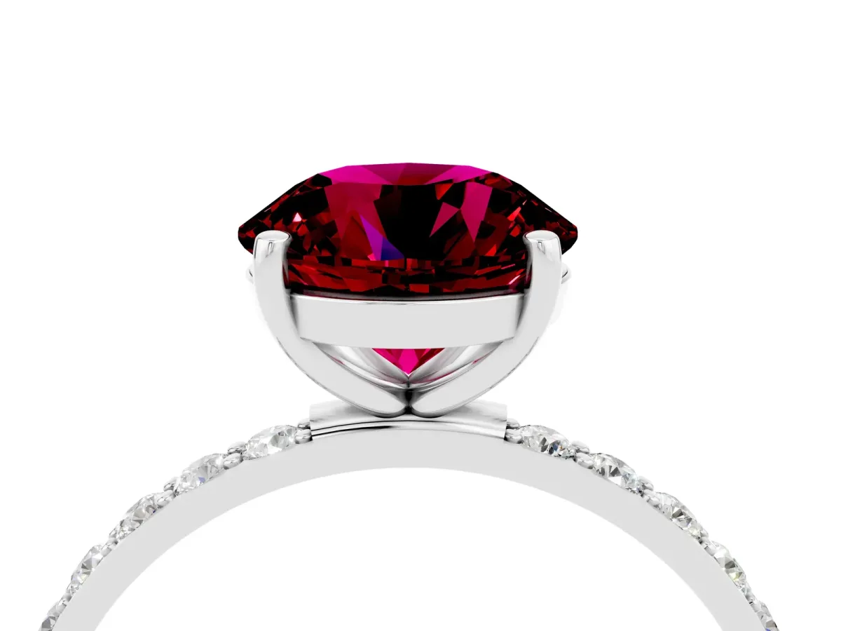 Round Cut Garnet Solitaire Ring with Round Pavé Band and Prong Setting Platinum