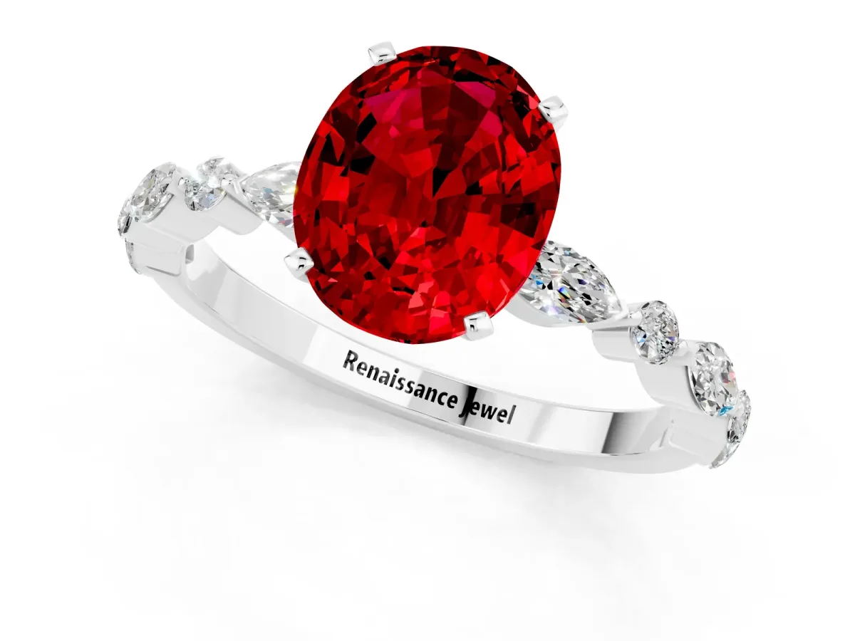 Oval Cut Ruby Ring with Marquise and Round Side Stones and Four-Prong Setting Silver