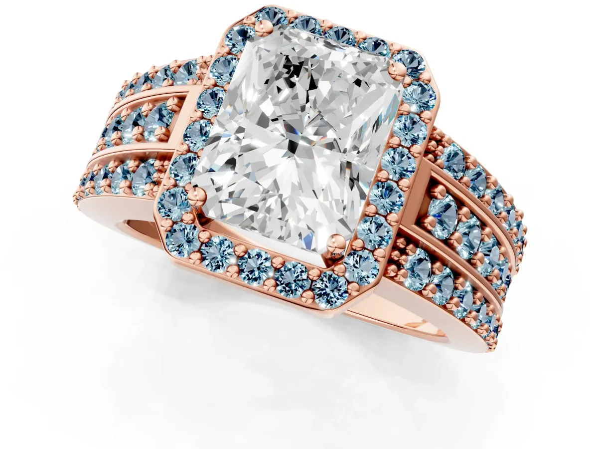 Radiant Cut Halo Diamond Ring with Round Aquamarine Split Shank and Prong Setting Rose gold