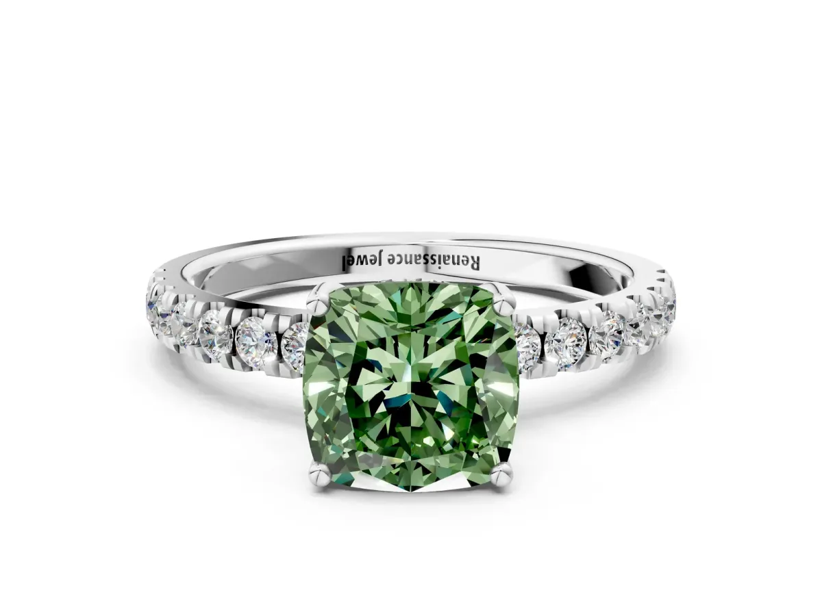 Fancy Green Cushion Cut Diamond Pave Band Solitaire Ring with Round and Prong Setting Platinum