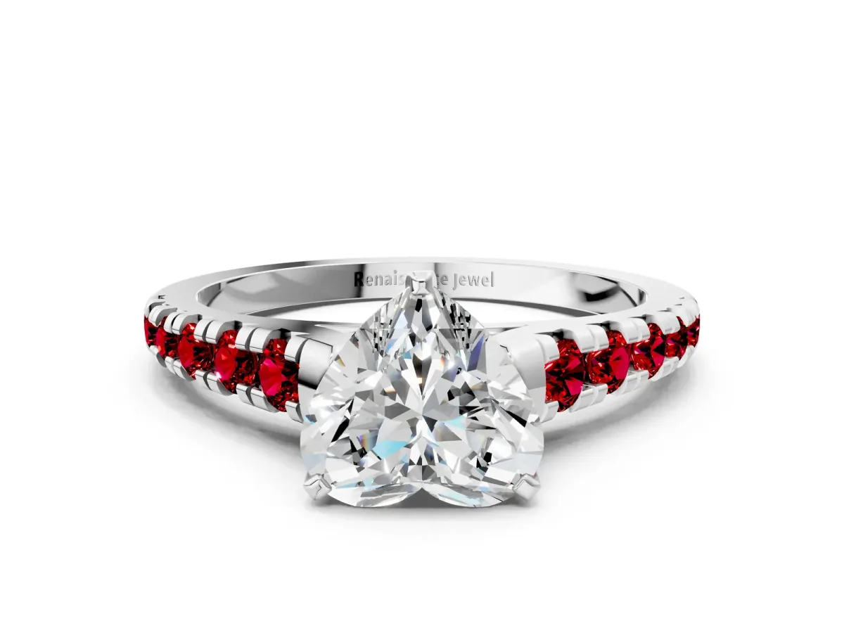 Heart Cut Diamond Cathedral Solitaire Ring with Round Ruby Pavé Band White gold