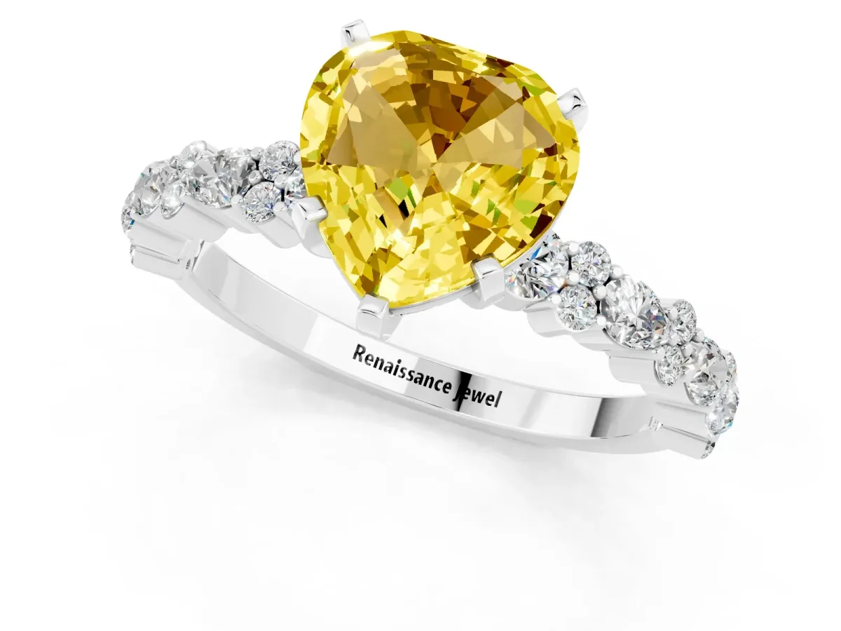 Heart Cut Yellow Sapphire Side Stone Solitaire Ring with Round and Four-Prong Setting Platinum
