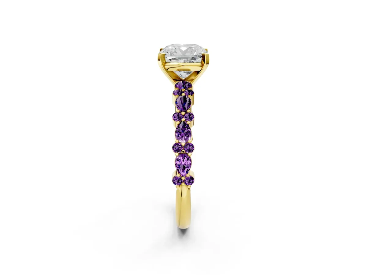 Cushion Cut Diamond Side Stone Solitaire Ring with Round Amethyst and Four-Prong Setting Yellow gold