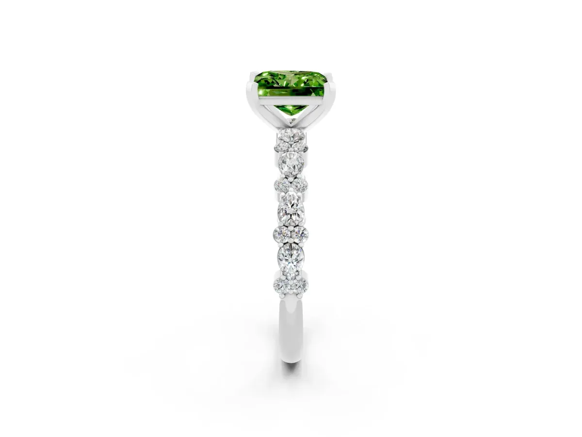 Princess Cut Peridot Side Stone Solitaire Ring with Round and Four-Prong Setting Platinum