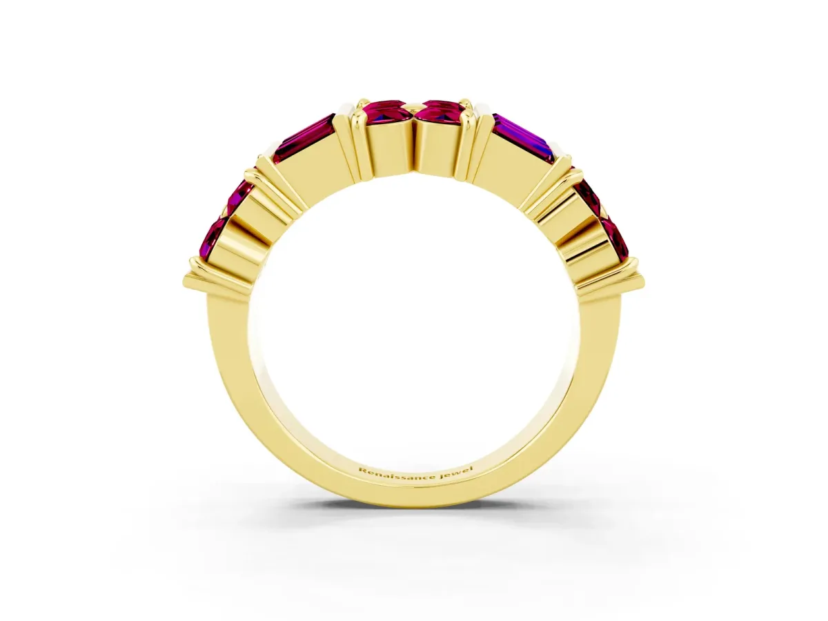 Channel Set Round and Baguette Garnet Anniversary Band with Prong Setting Yellow gold